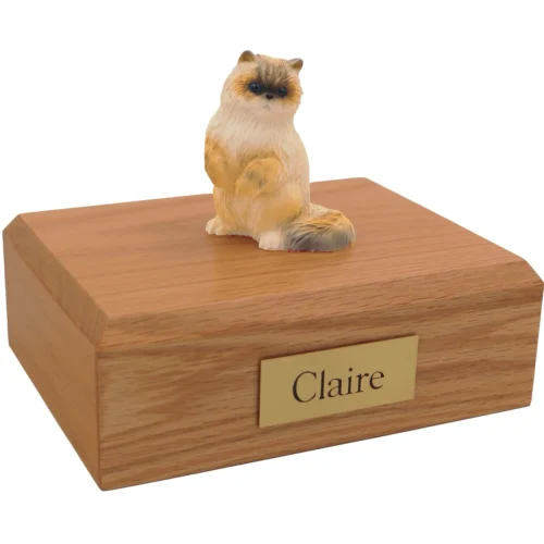 Sitting ragdoll cat figurine on wood cremation urn