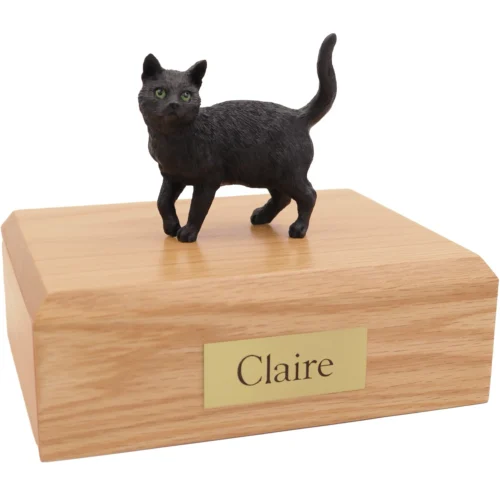 Standing black shorthaired cat figurine on wood cremation urn