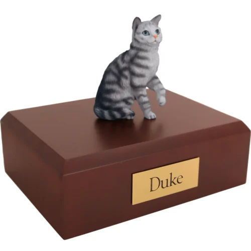 Sitting silver shorthair tabby cat figurine on wood cremation urn