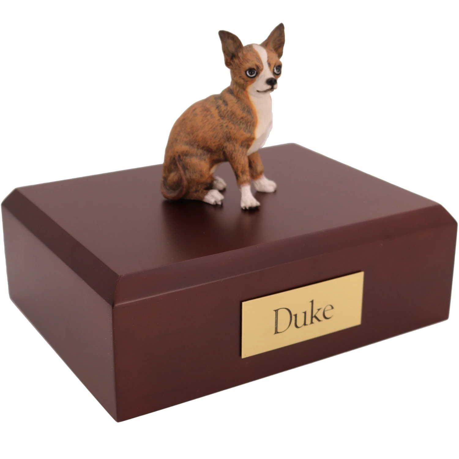 Sitting brindle Chihuahua dog figurine on wood cremation urn