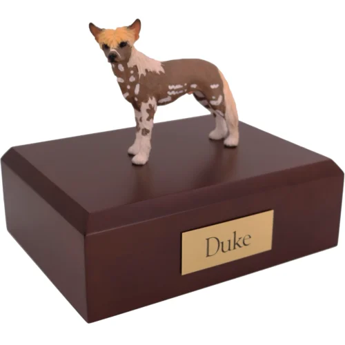 Standing Chinese Crested Dog figurine on wood cremation urn