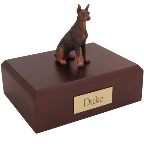 Sitting red doberman pinscher with cropped ears dog figurine on wood cremation urn