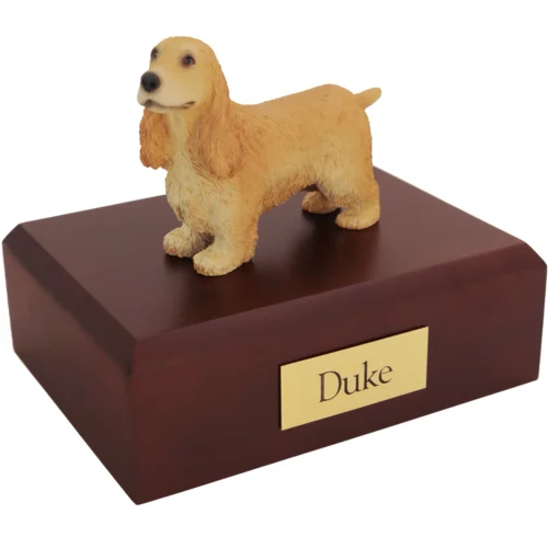 Standing blonde english cocker spaniel dog figurine on wood cremation urn