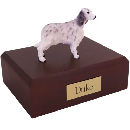 Standing blue belton english setter dog figurine on wood cremation urn