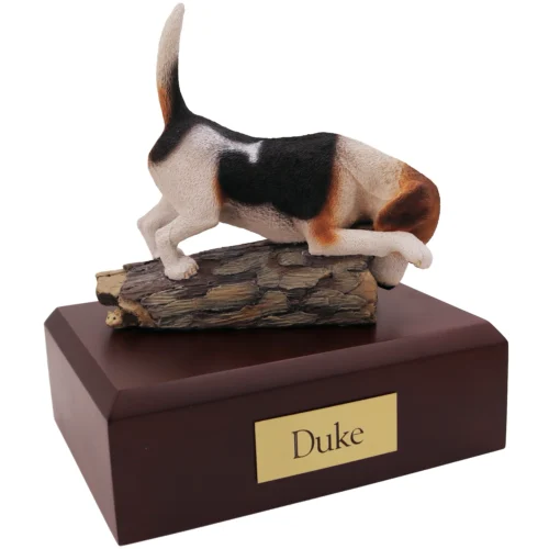 Beagle on log dog figurine on wood cremation urn