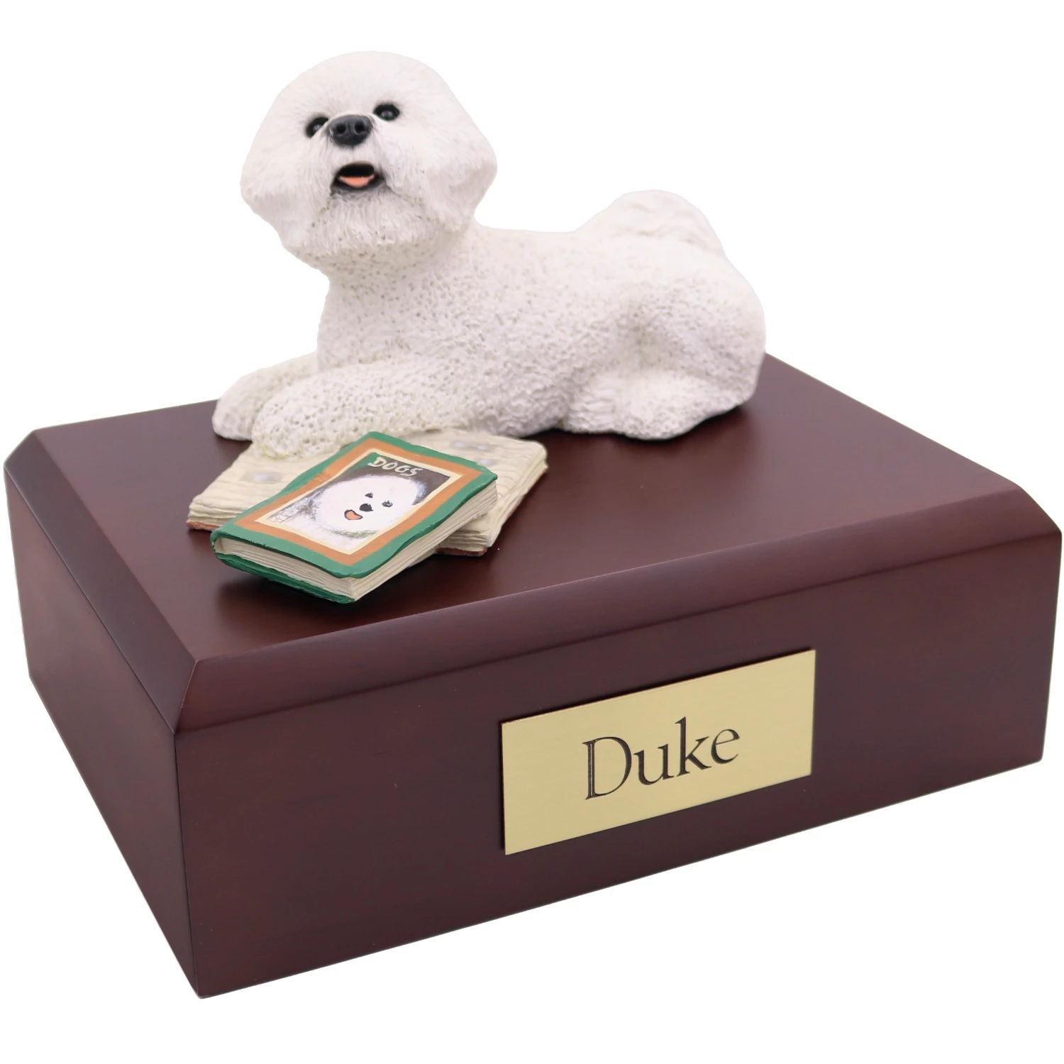 Bichon Frise dog figurine on wood cremation urn