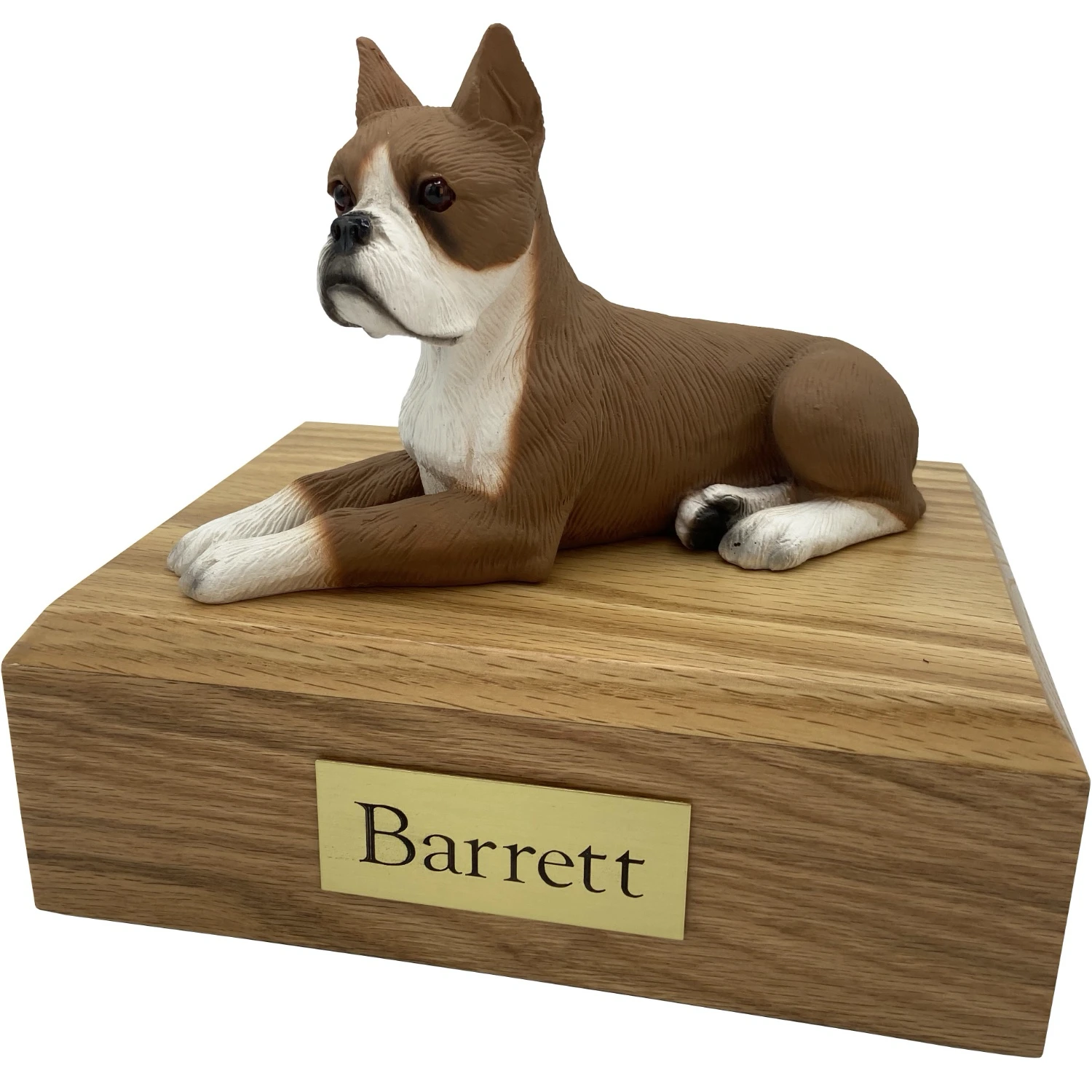 Tawny ears up Boxer dog figurine on wood cremation urn