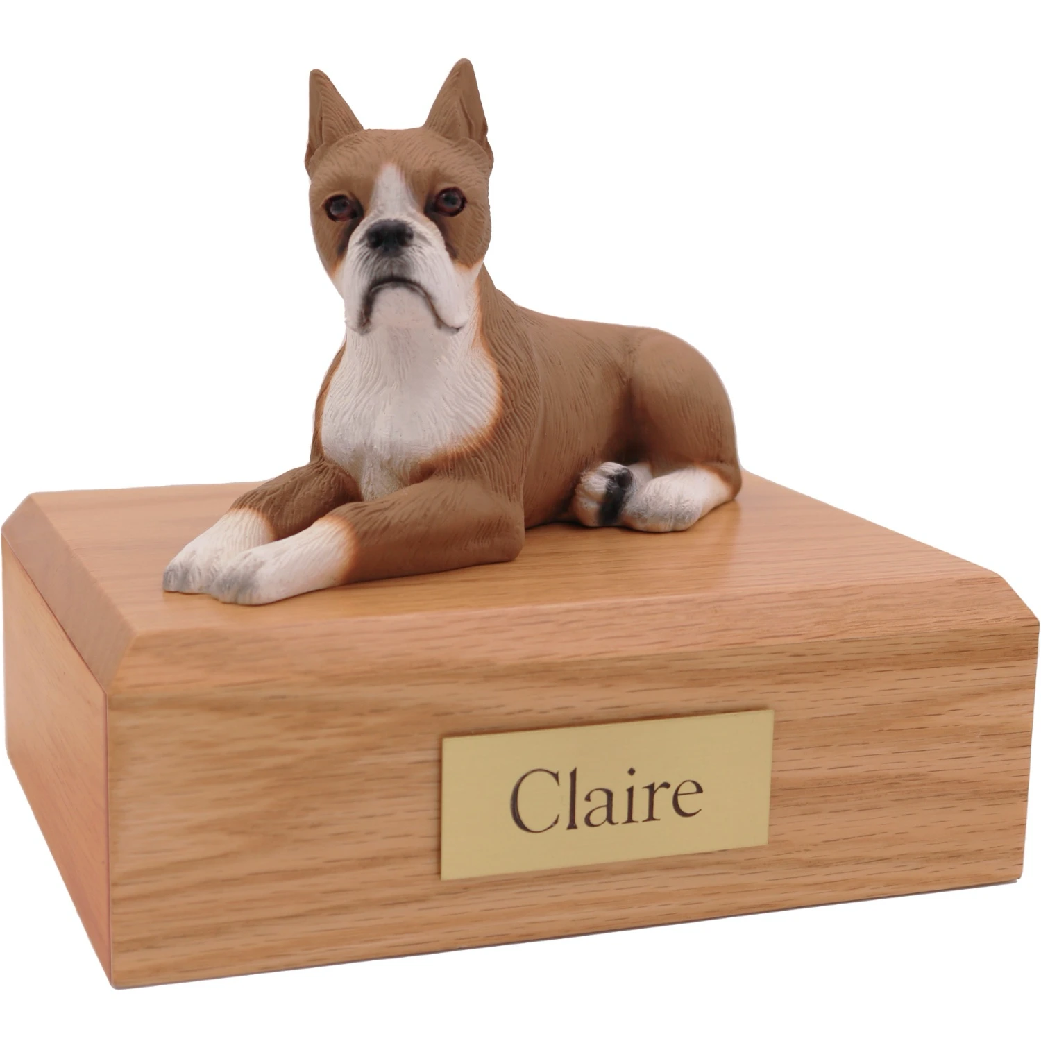 Tawny ears up Boxer dog figurine on wood cremation urn