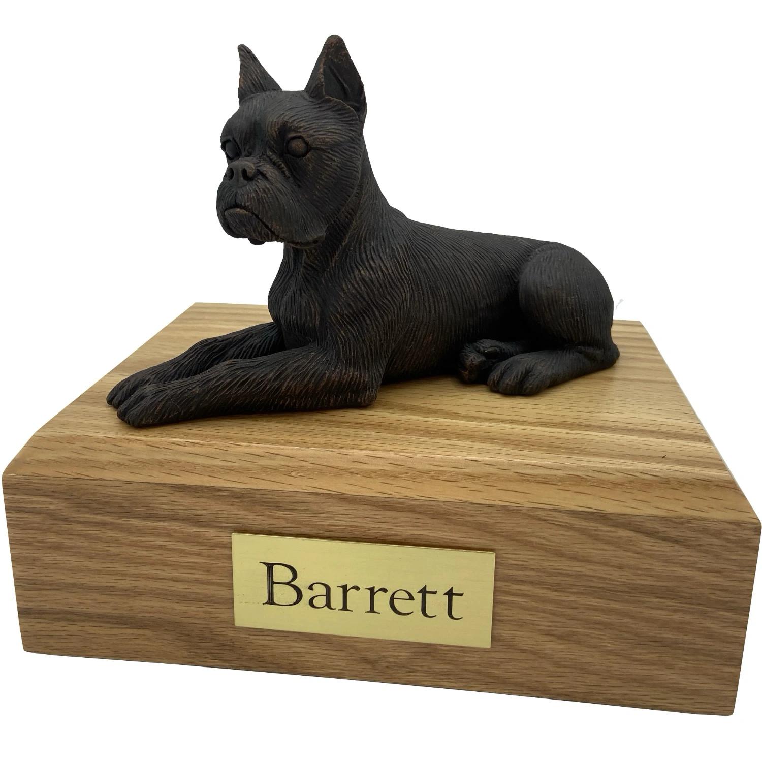 Bronze look ears up Boxer dog figurine on wood cremation urn