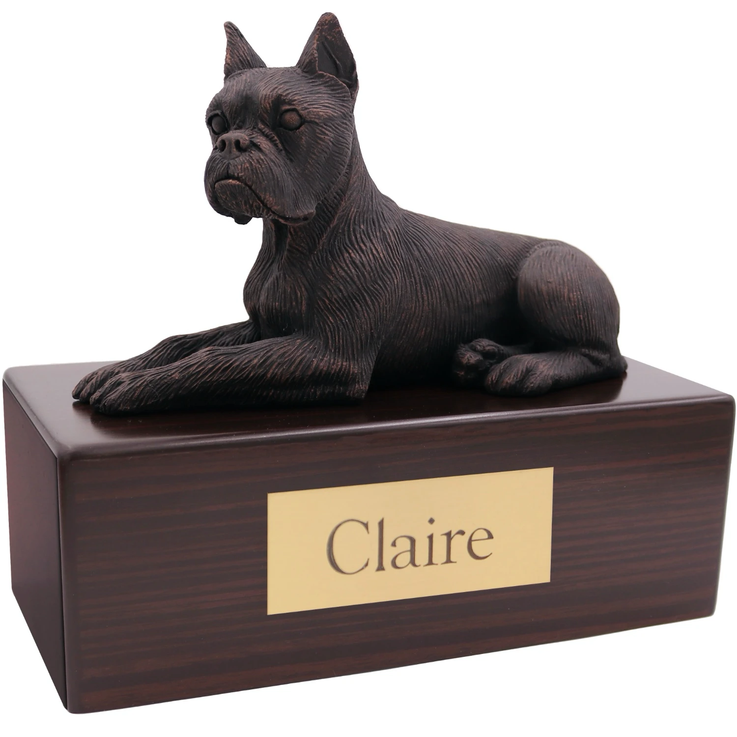 Bronze look ears up Boxer dog figurine on wood cremation urn