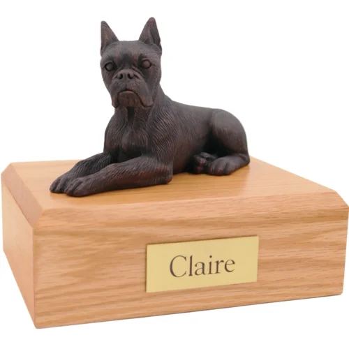 Bronze look ears up Boxer dog figurine on wood cremation urn