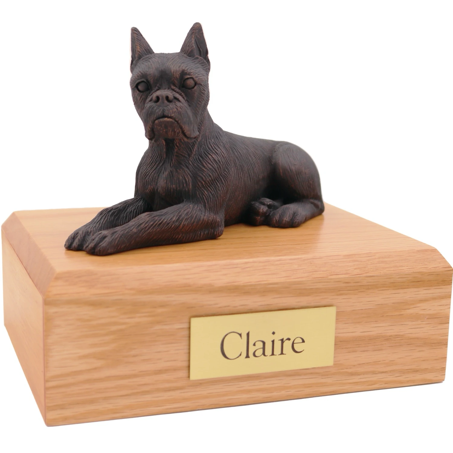 Bronze look ears up Boxer dog figurine on wood cremation urn