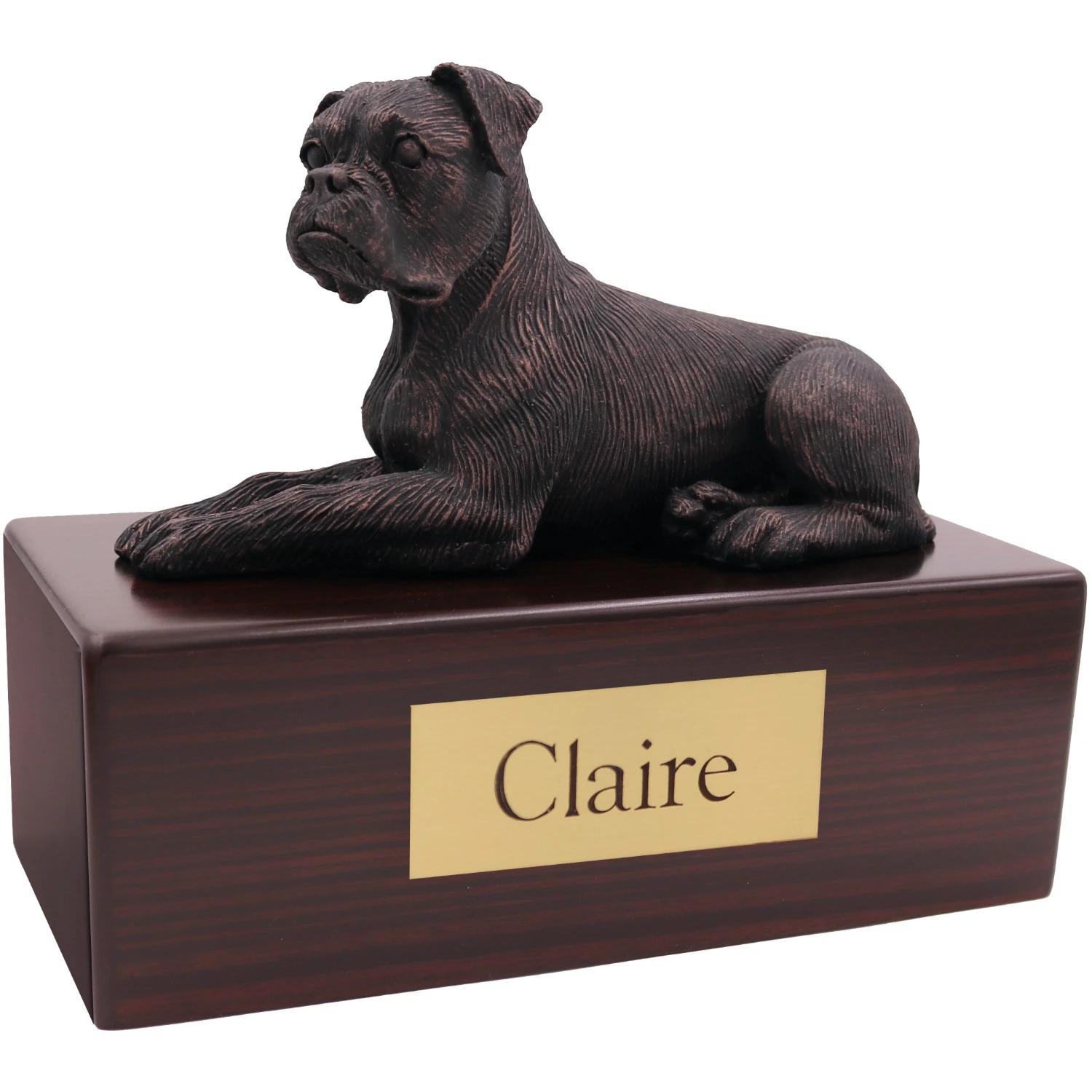 Bronze look ears down Boxer dog figurine on wood cremation urn