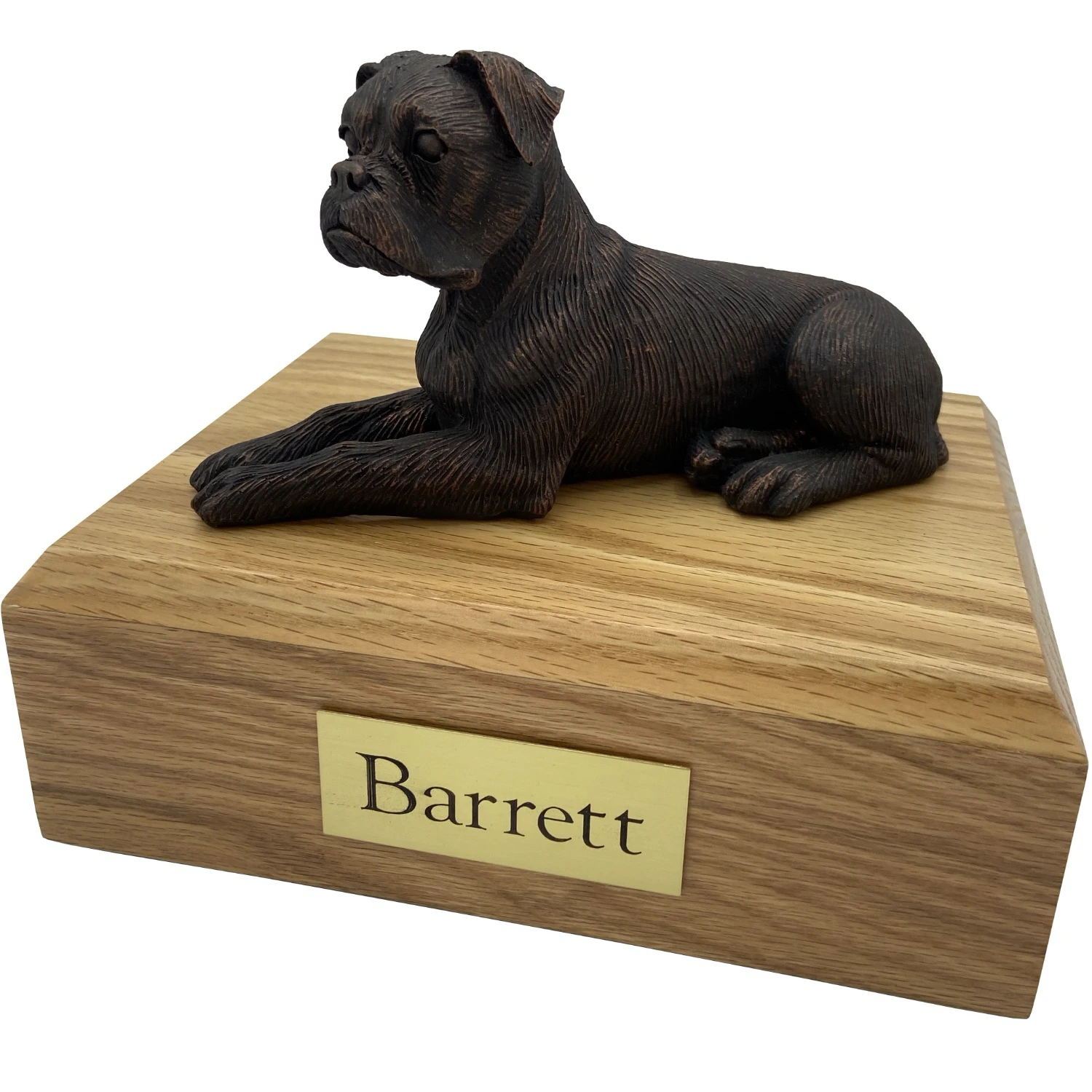 Bronze look ears down Boxer dog figurine on wood cremation urn