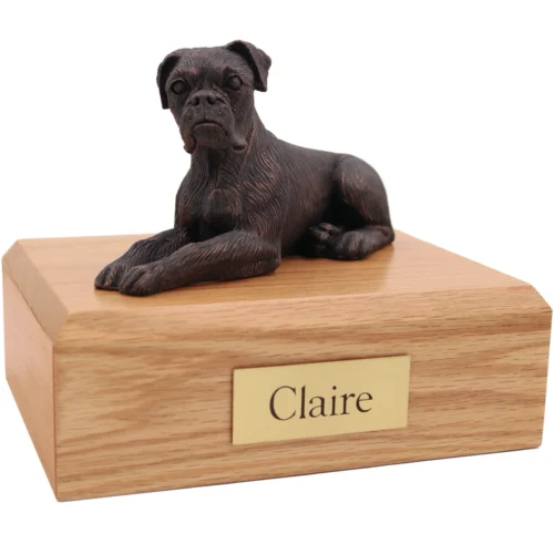 Bronze look ears down Boxer dog figurine on wood cremation urn