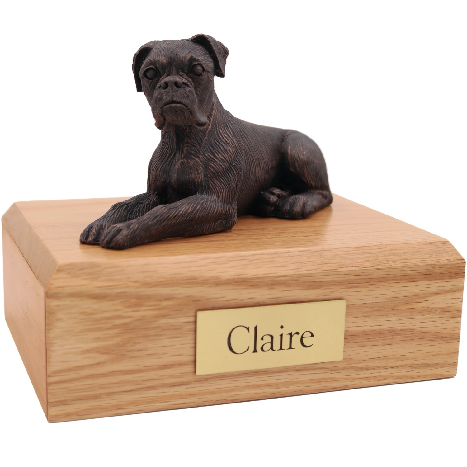 Bronze look ears down Boxer dog figurine on wood cremation urn