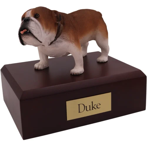 Standing Bulldog dog figurine on wood cremation urn