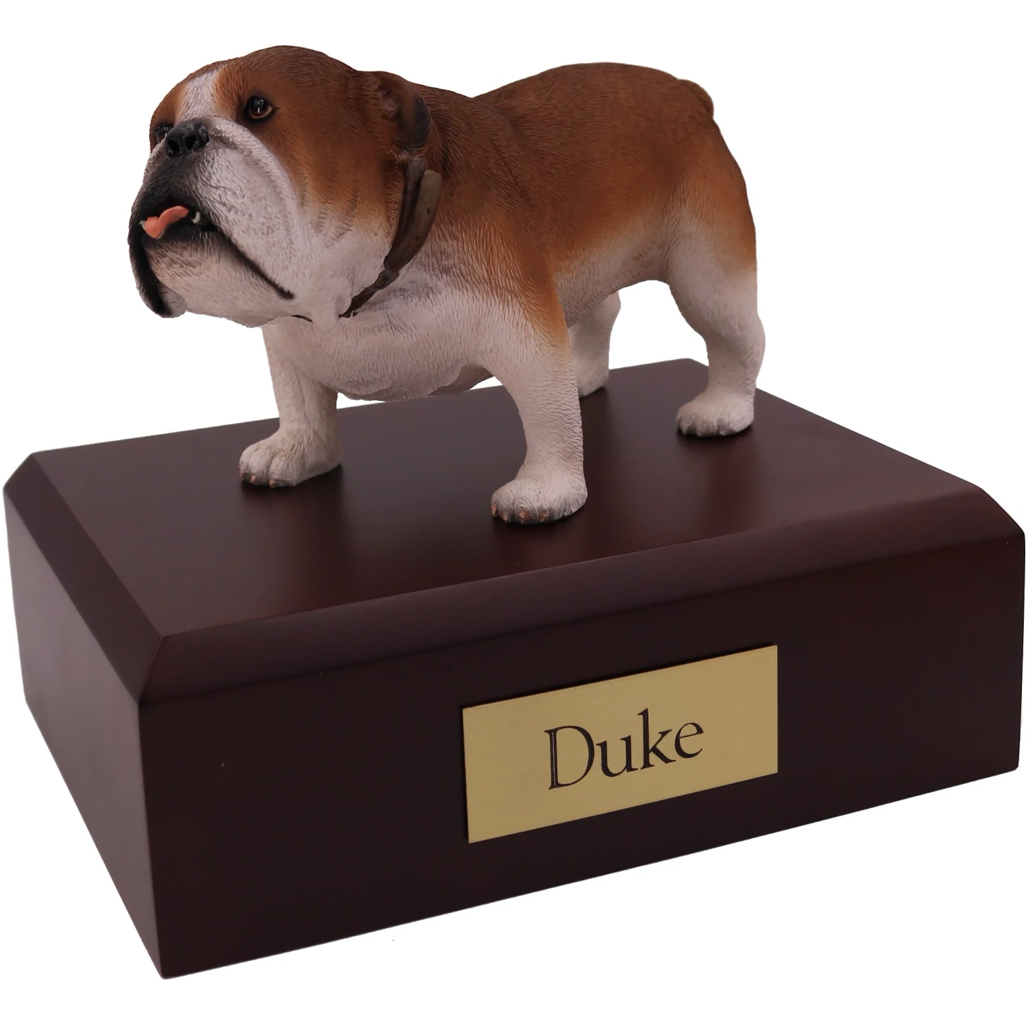 Standing Bulldog dog figurine on wood cremation urn