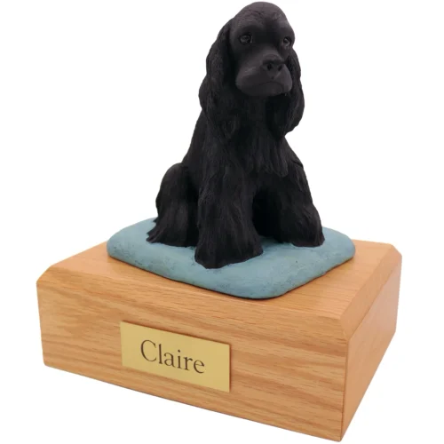 Black Cocker Spaniel dog figurine on wood cremation urn