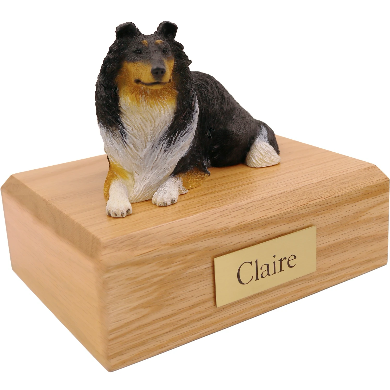 Laying tri color Collie dog figurine on wood cremation urn