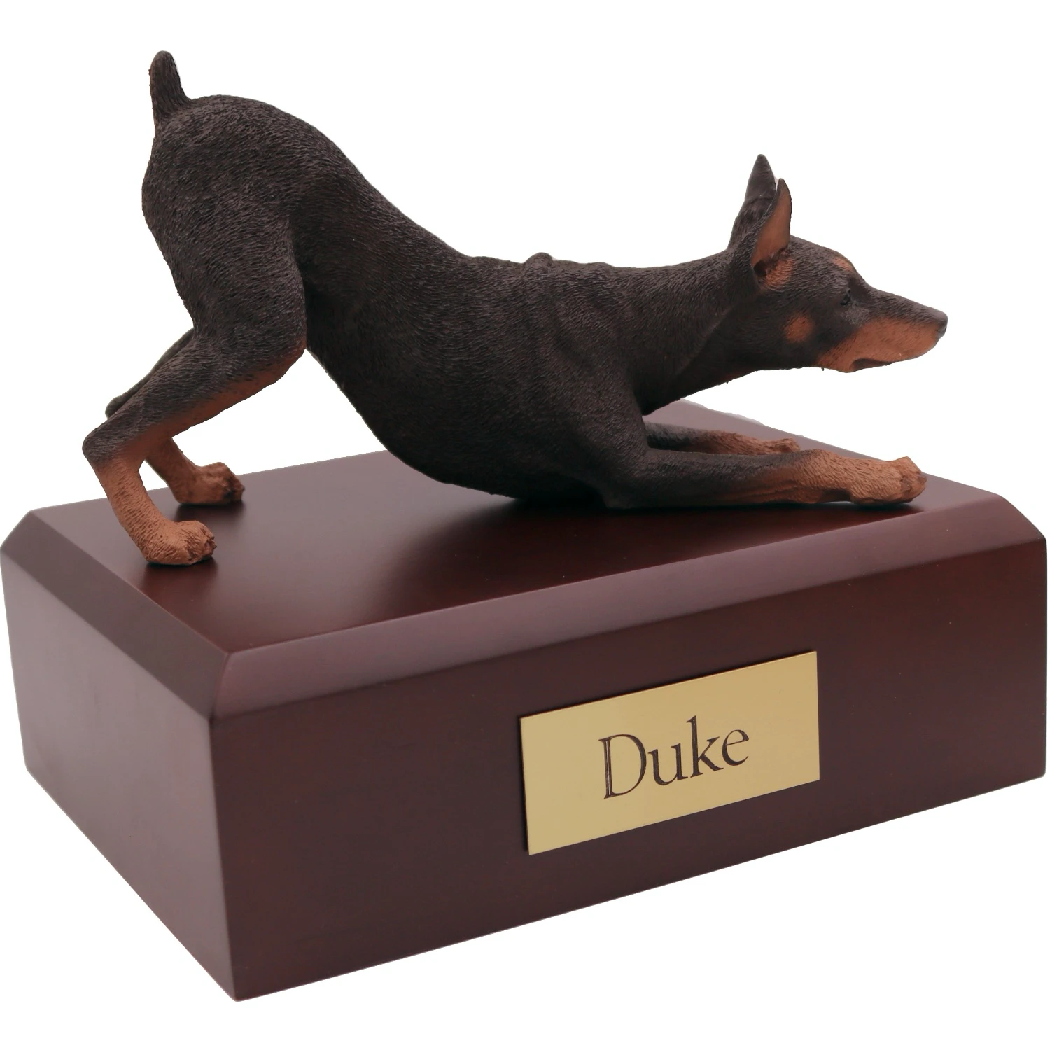 Red ears up Doberman Pinscher dog figurine on wood cremation urn