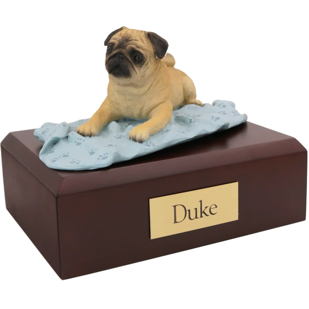 Laying fawn Pug on blanket dog figurine on wood cremation urn