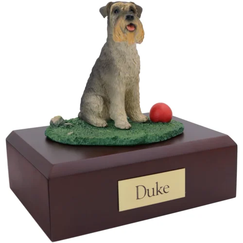 Gray ears down Schnauzer dog figurine on wood cremation urn