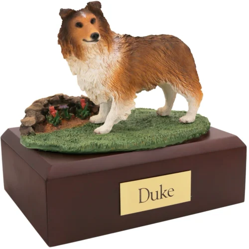 Sable Sheltie (Shetland Sheepdog) dog figurine on wood cremation urn
