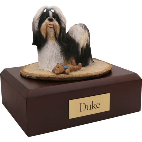 Shih Tzu dog figurine on wood cremation urn