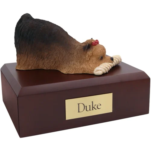 Yorkshire Terrier (Yorkie) dog figurine on wood cremation urn