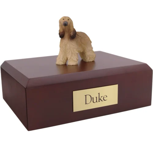 Afghan Hound dog figurine on wood cremation urn