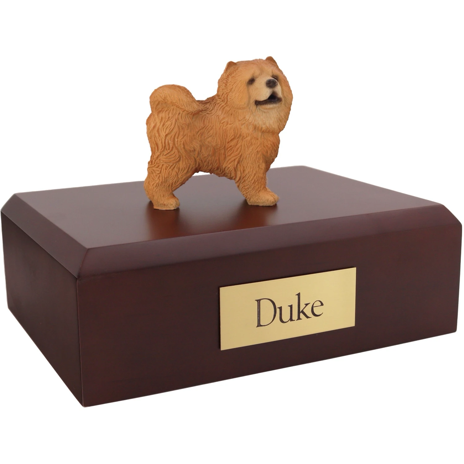 Red Chow Chow dog figurine on wood cremation urn