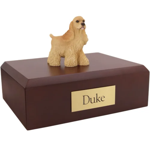 Buff Cocker Spaniel dog figurine on wood cremation urn