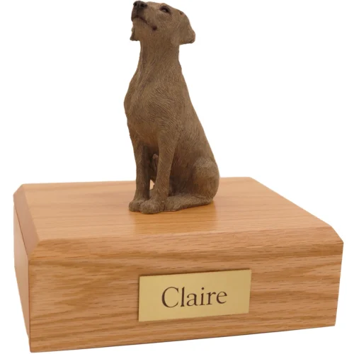 Weimaraner dog figurine on wood cremation urn