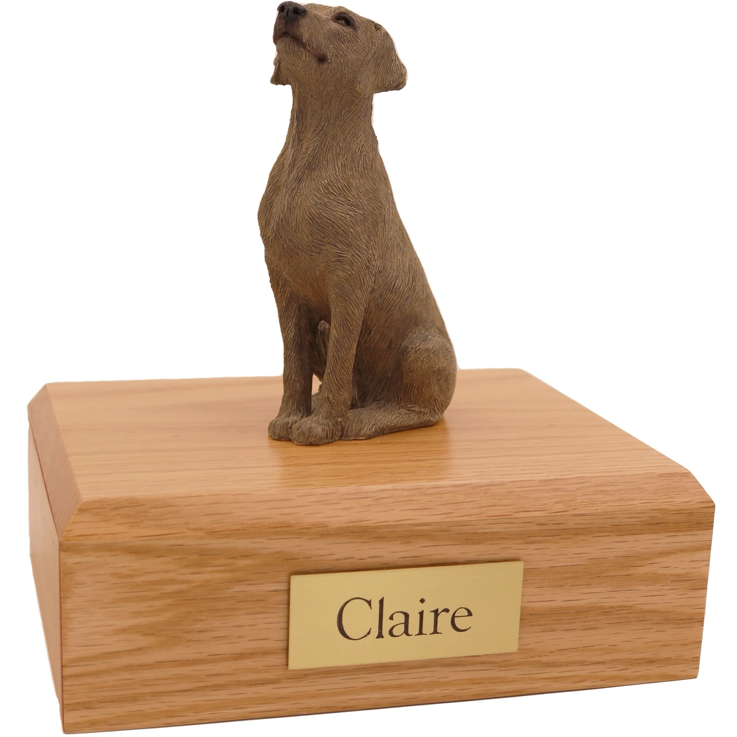 Weimaraner dog figurine on wood cremation urn