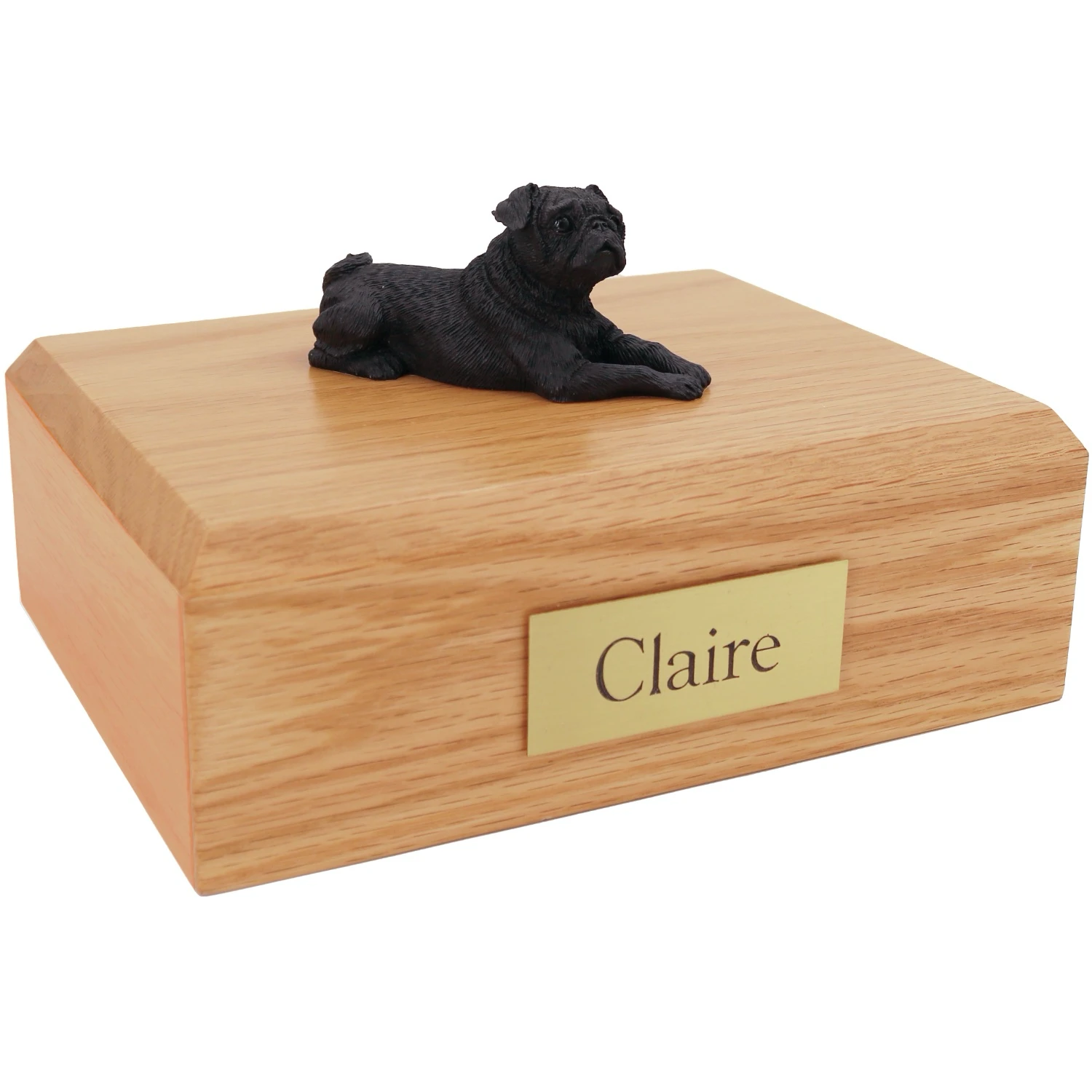Back Pug dog figurine on wood cremation urn