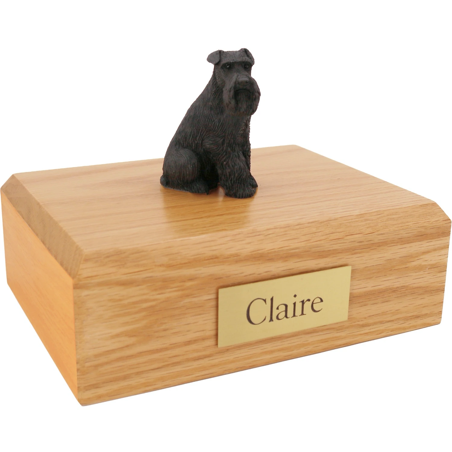 Black ears down Schnauzer dog figurine on wood cremation urn