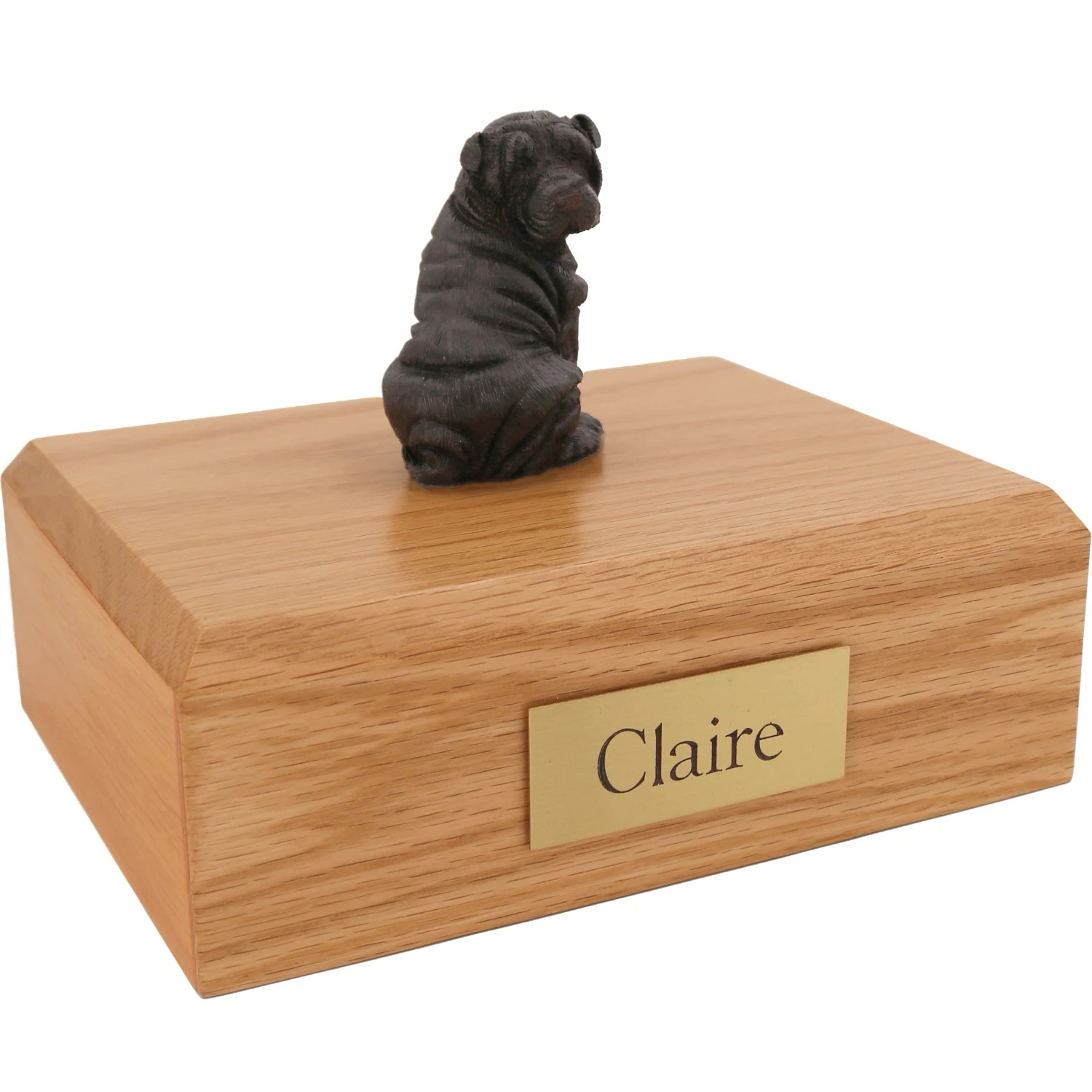 Black Shar Pei dog figurine on wood cremation urn