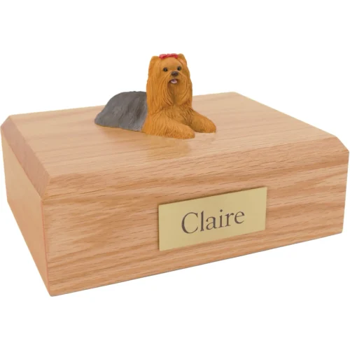 Yorkshire Terrier (Yorkie) dog figurine on wood cremation urn