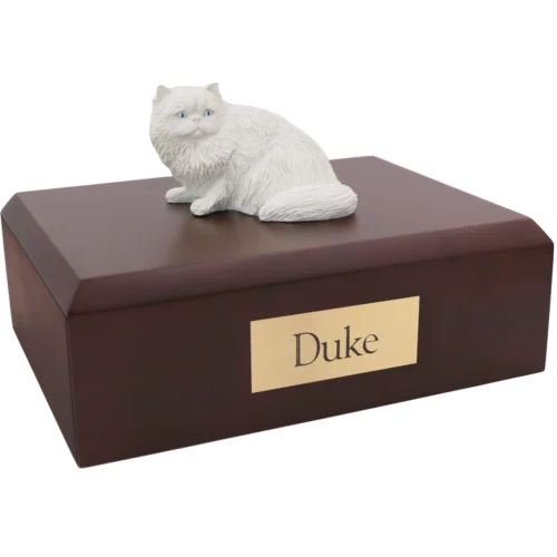 White Persian cat figurine on wood cremation urn