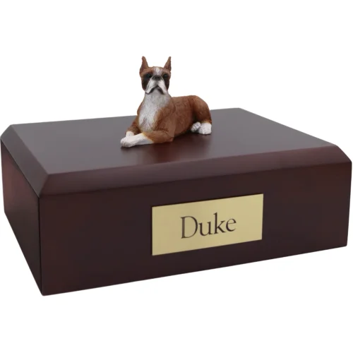 Fawn ears up boxer dog figurine wood memorial cremation urn