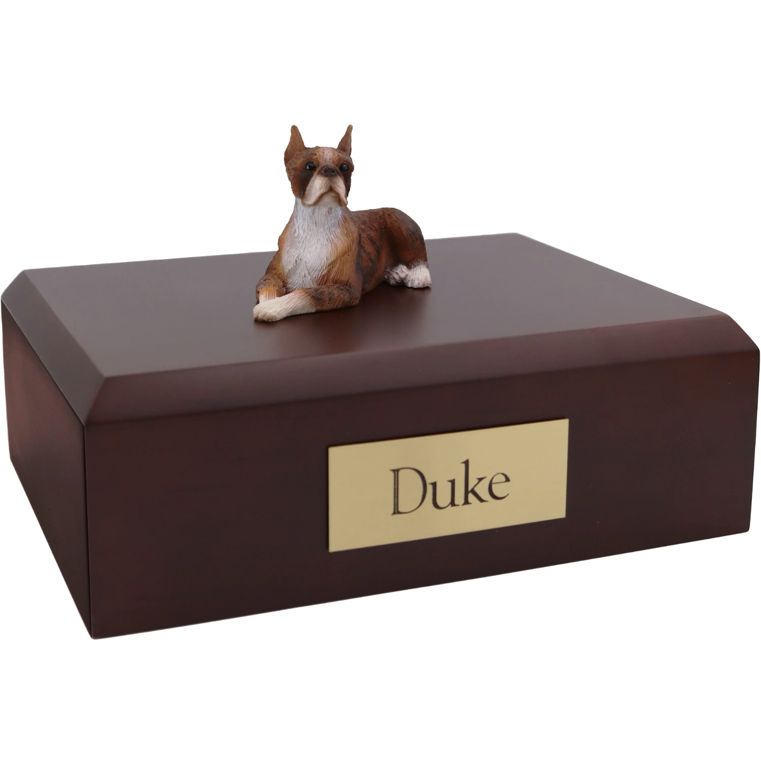 Brindle ears up boxer dog figurine wood memorial cremation urn