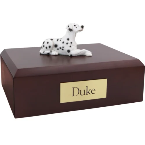 Laying Dalmatian dog figurine wood memorial cremation urn
