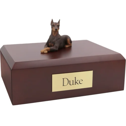 Ears up red Doberman Pinscher dog figurine wood memorial cremation urn