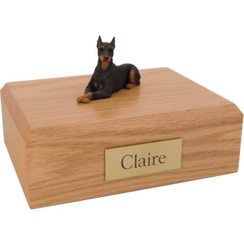 Black ears up Doberman Pinscher dog figurine wood memorial cremation urn