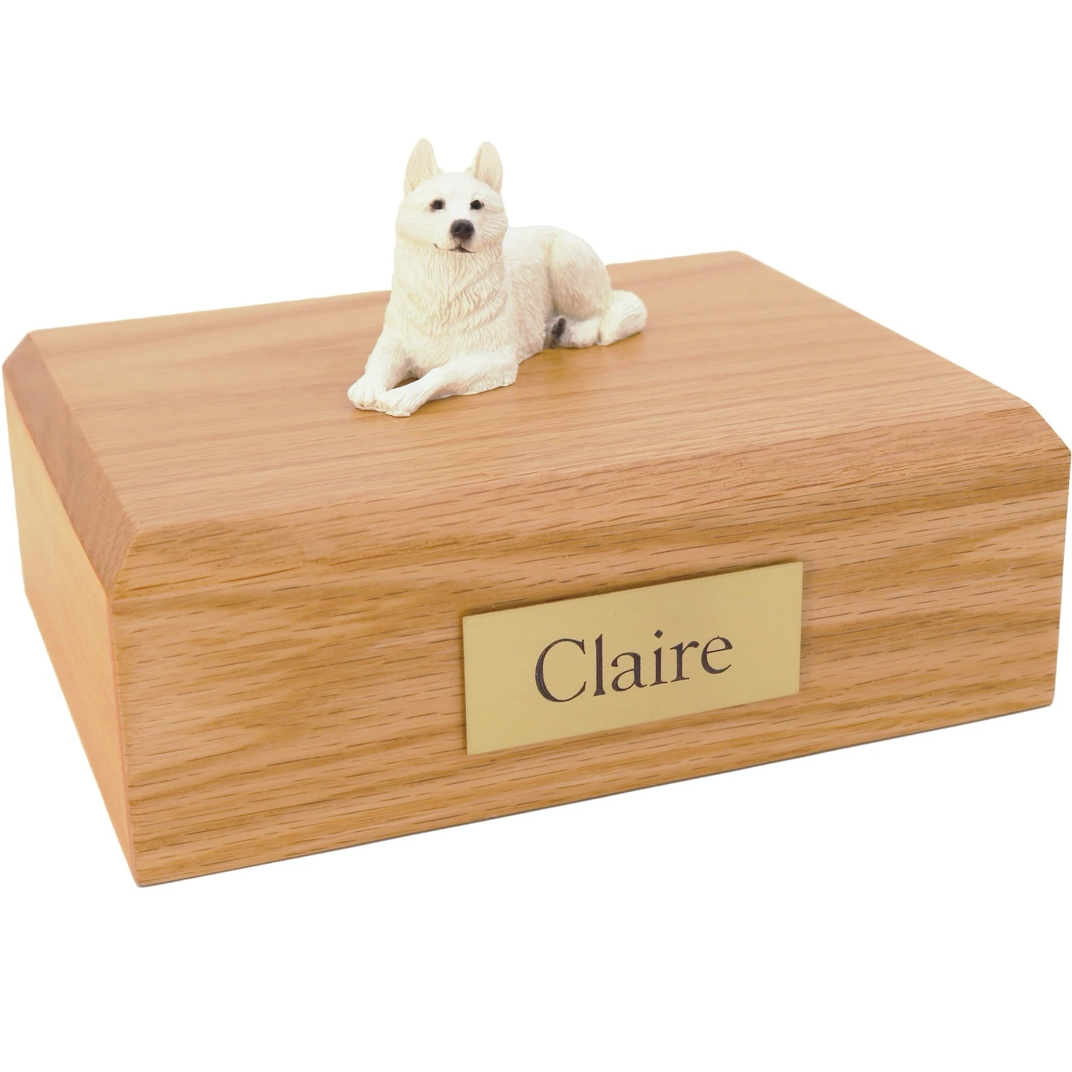 White laying German Shepherd dog figurine wood memorial cremation urn