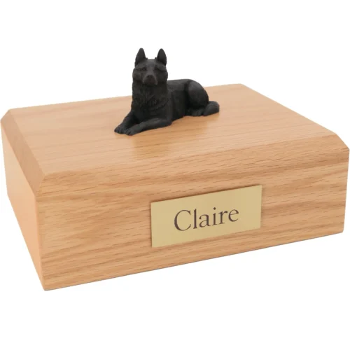 Black laying German Shepherd dog figurine wood memorial cremation urn