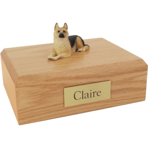 Laying German Shepherd dog figurine wood memorial cremation urn