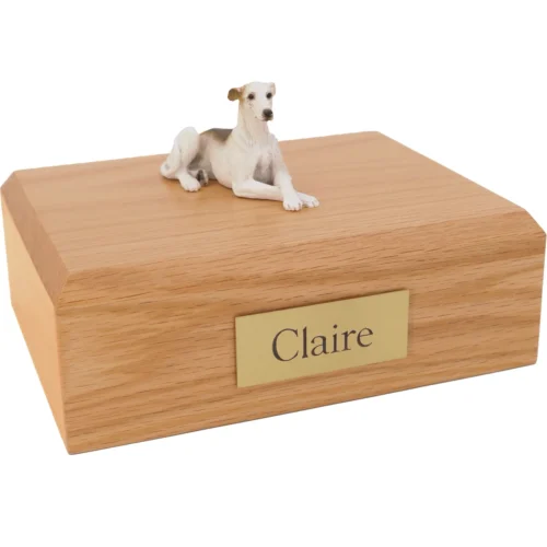 Brindle and white Greyhound dog figurine wood memorial cremation urn