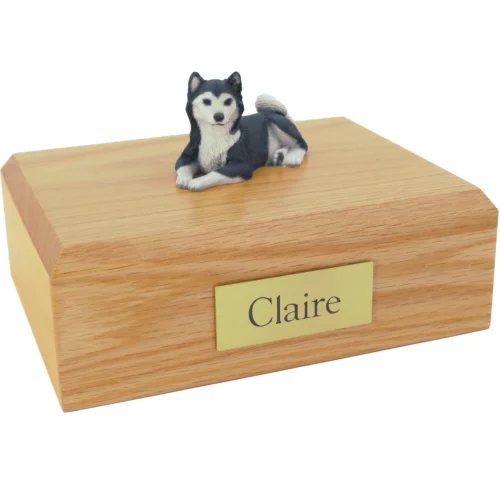 Black and white Husky dog figurine wood memorial cremation urn